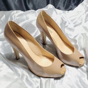 PREVIEW INTERNATIONAL tan patent open toe platform high heel pumps SZ 9.5